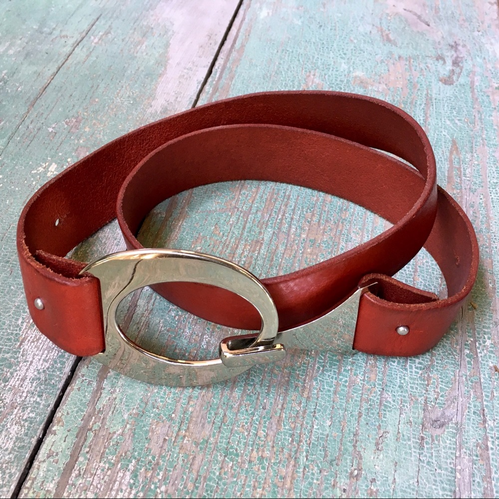 Vintage Red Leather Belt with Silver Oval Buckle